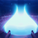 A brightly shining cone of plasma of blue color in a fusion reactor.
