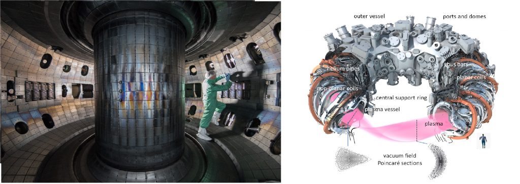 The picture is divided into left and right. On the right side a metal chamber, which is a so-called tokamak is shown from the inside. A person is seen working on it. On the right side a design for a stellarator is shown with a lot of pipes, plasma, and a person for scale.